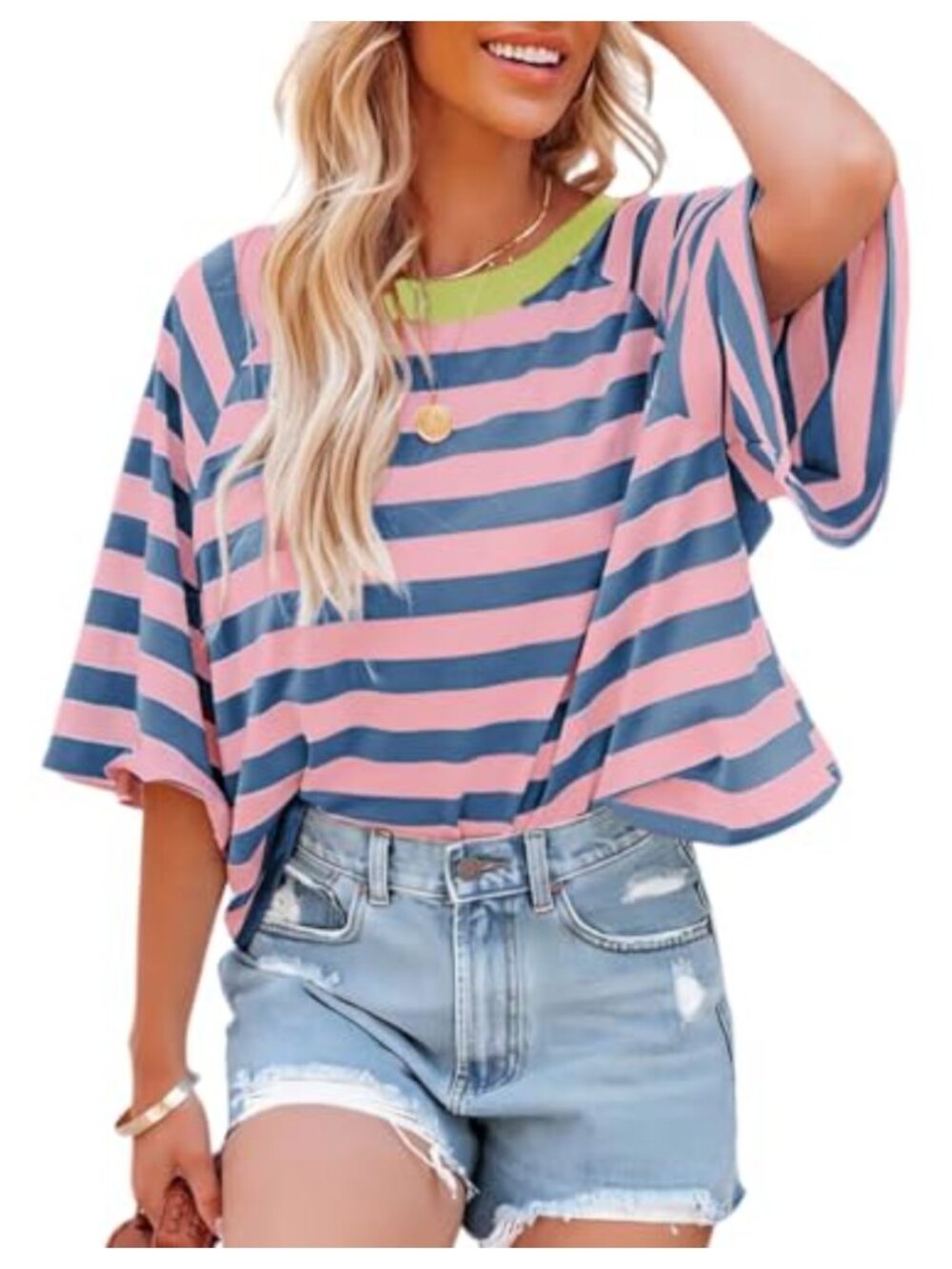 Women Striped V-Neck Short Sleeve Tee Loose Fit Summer Crop Top